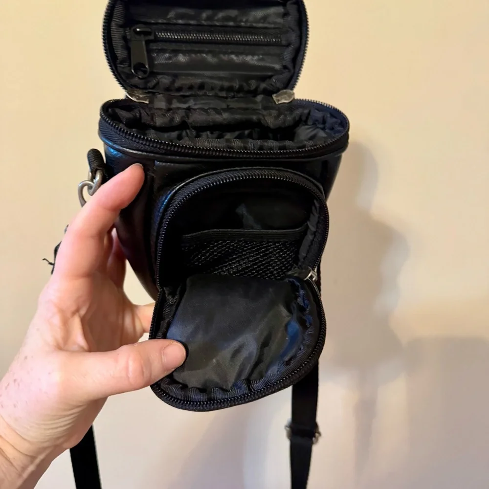 Icon Black Leather Camera Bag Crossbody Case Belt Bag Strap